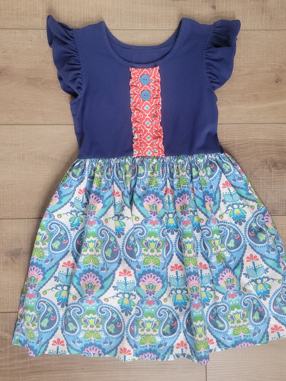 Eleanor Rose Rhonda Dress Cotton Knit Blue Paisley Ruffle Boutique 6-7 Whimsical
